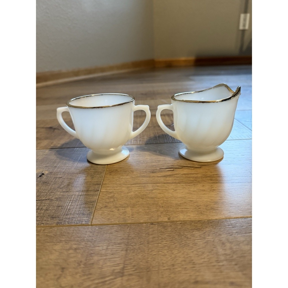 Vintage Fire King Milk Glass Gold Trim Swirl Sugar and Creamer Set White 22k